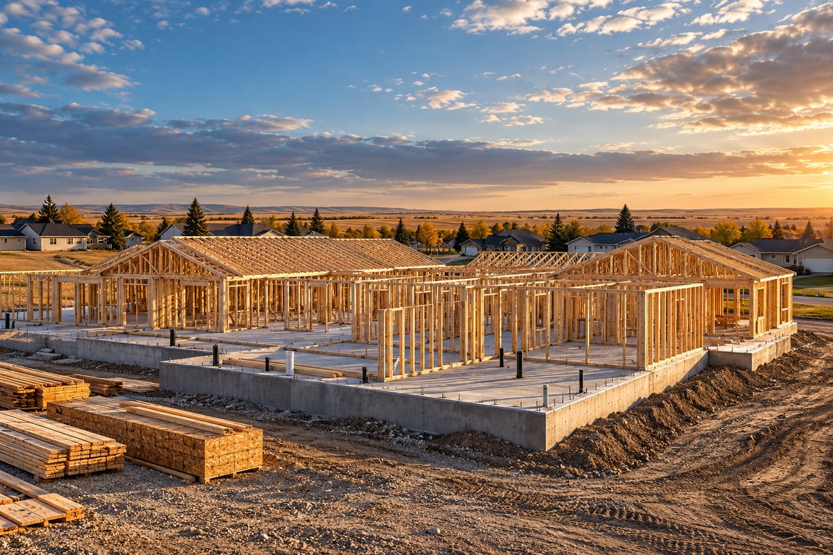 AI illustration: Housing foundations and timber framing on an open prairie construction site.