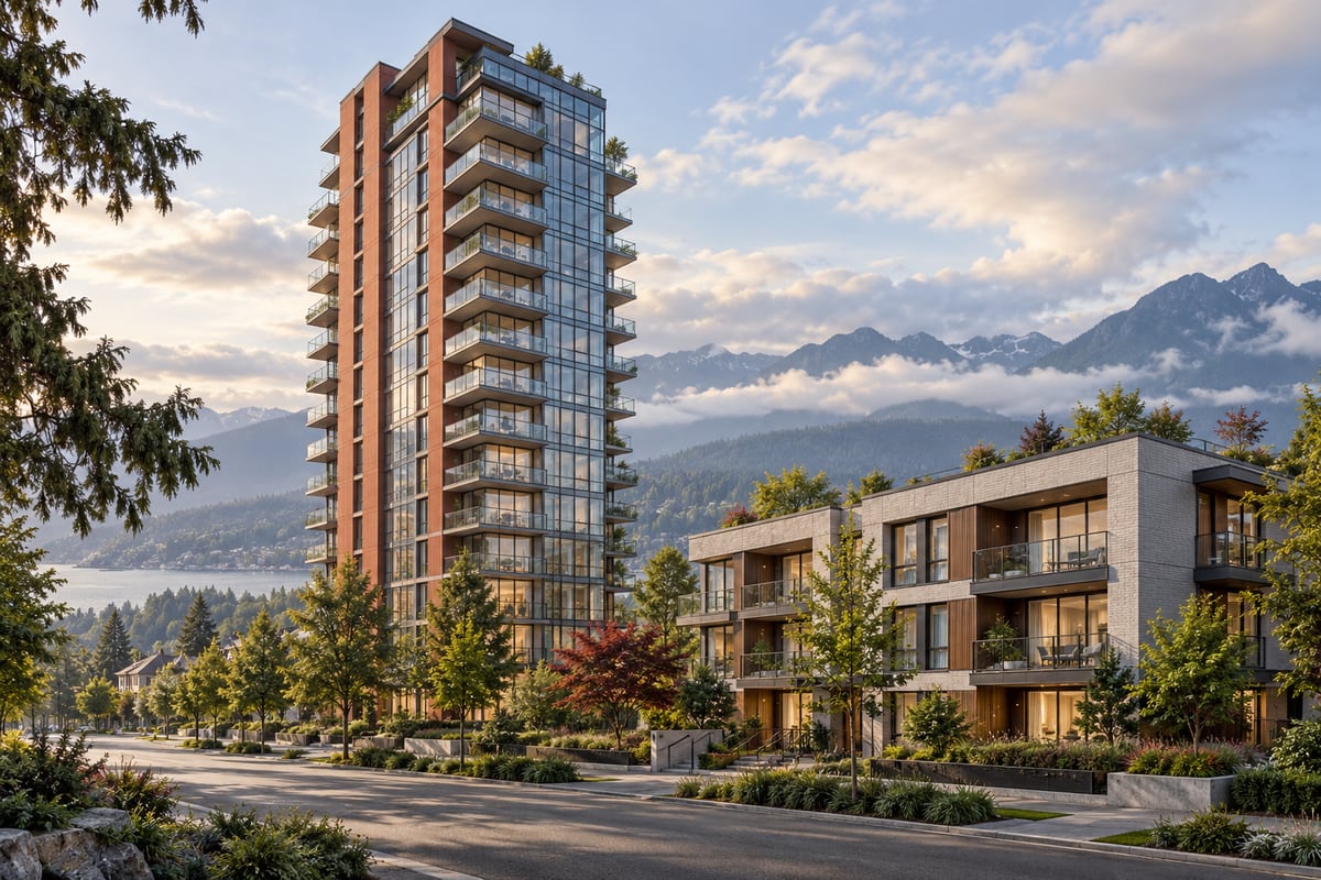 AI illustration: Apartment towers and low-rise housing with mountains in the distance.