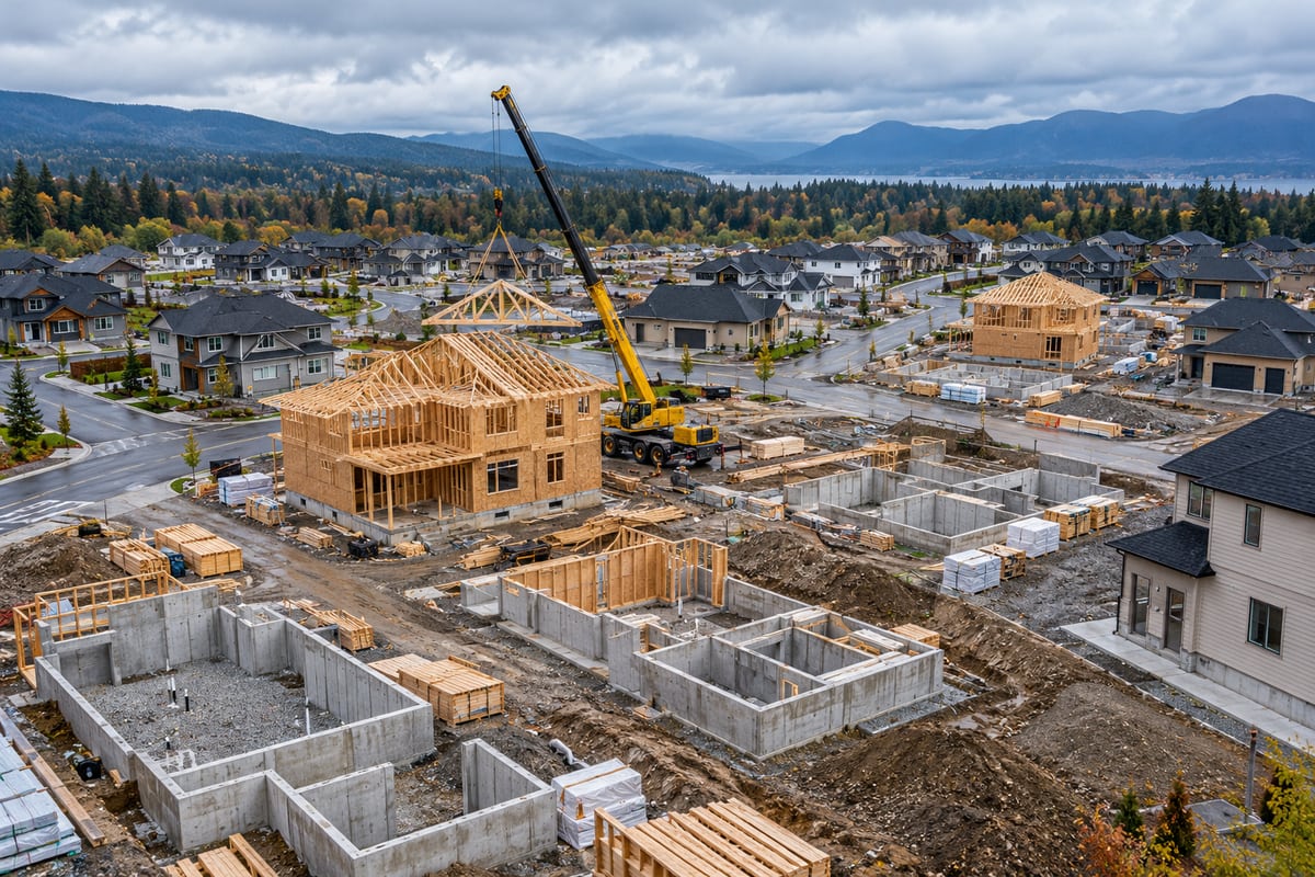 AI illustration: An aerial view of housing foundations and construction near a suburban neighbourhood.