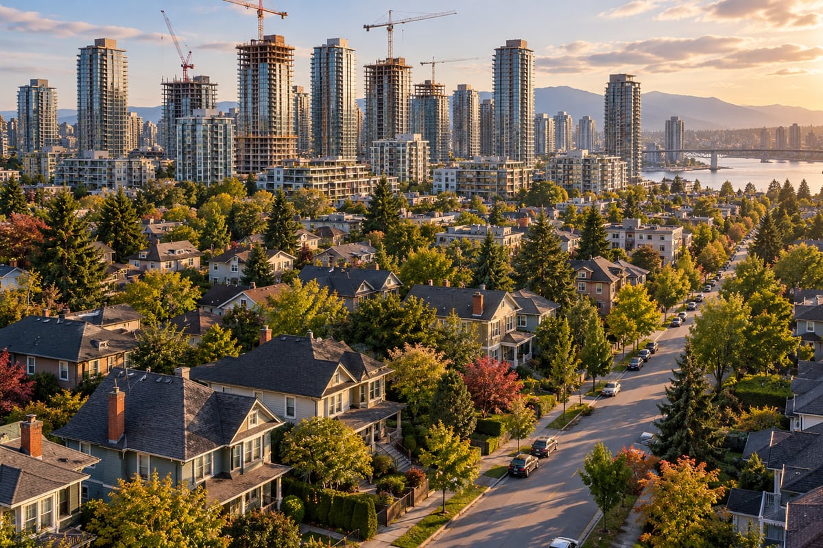 AI illustration: Low-rise homes in the foreground and apartment towers and cranes beyond.