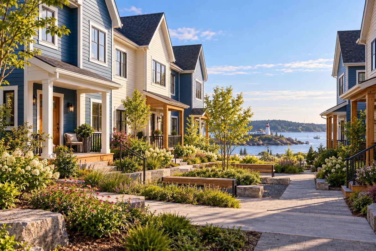 AI illustration: Colourful townhouses surround a landscaped courtyard near a harbour.