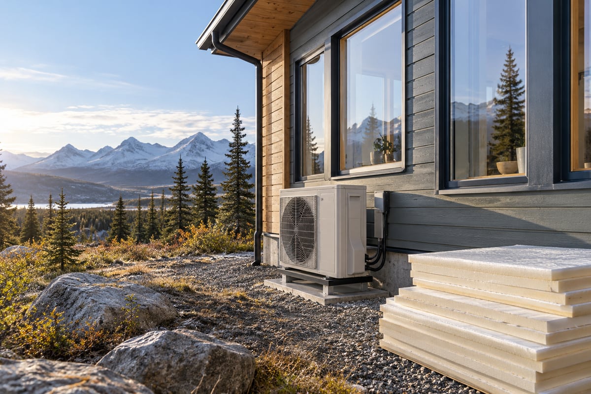 AI illustration: An outdoor heat pump and renovated window on a timber home near mountains.