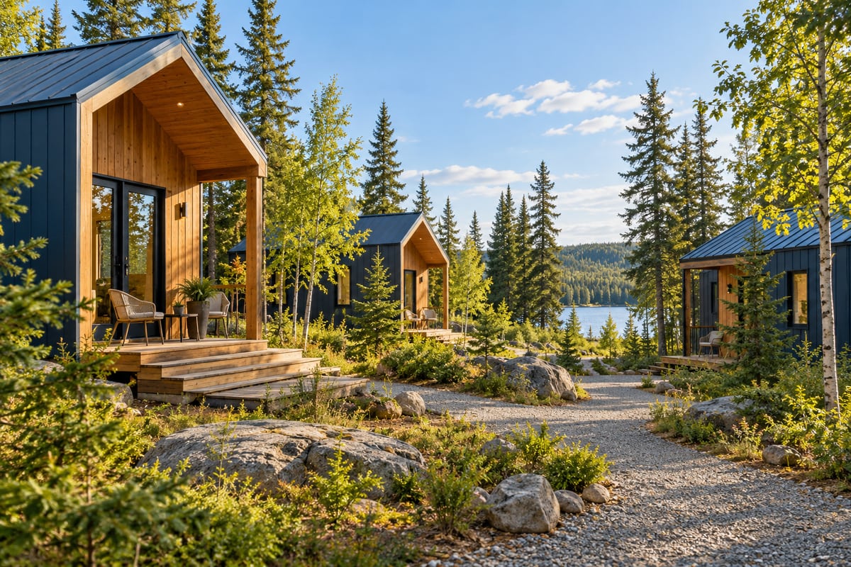 AI illustration: Small cedar and blue homes stand along a path near evergreen trees.