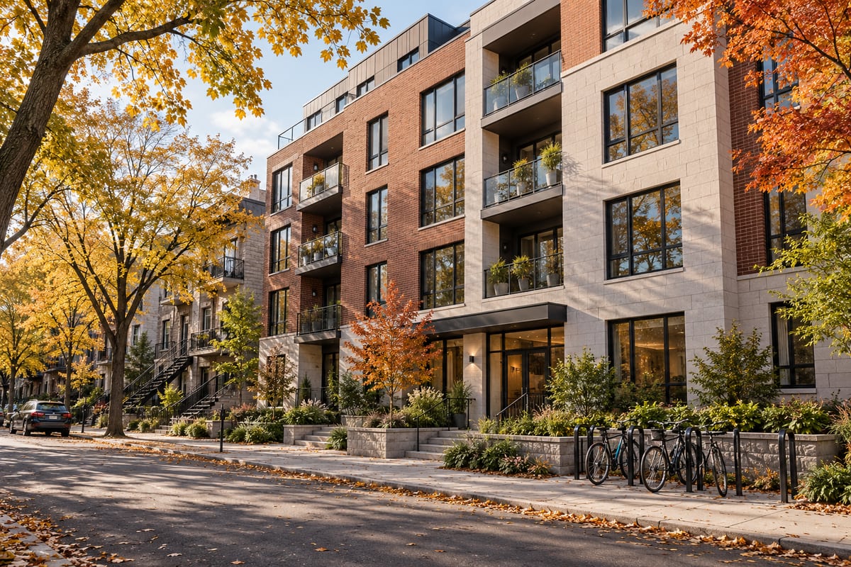 AI illustration: A brick and stone apartment building beside bicycles and autumn trees.