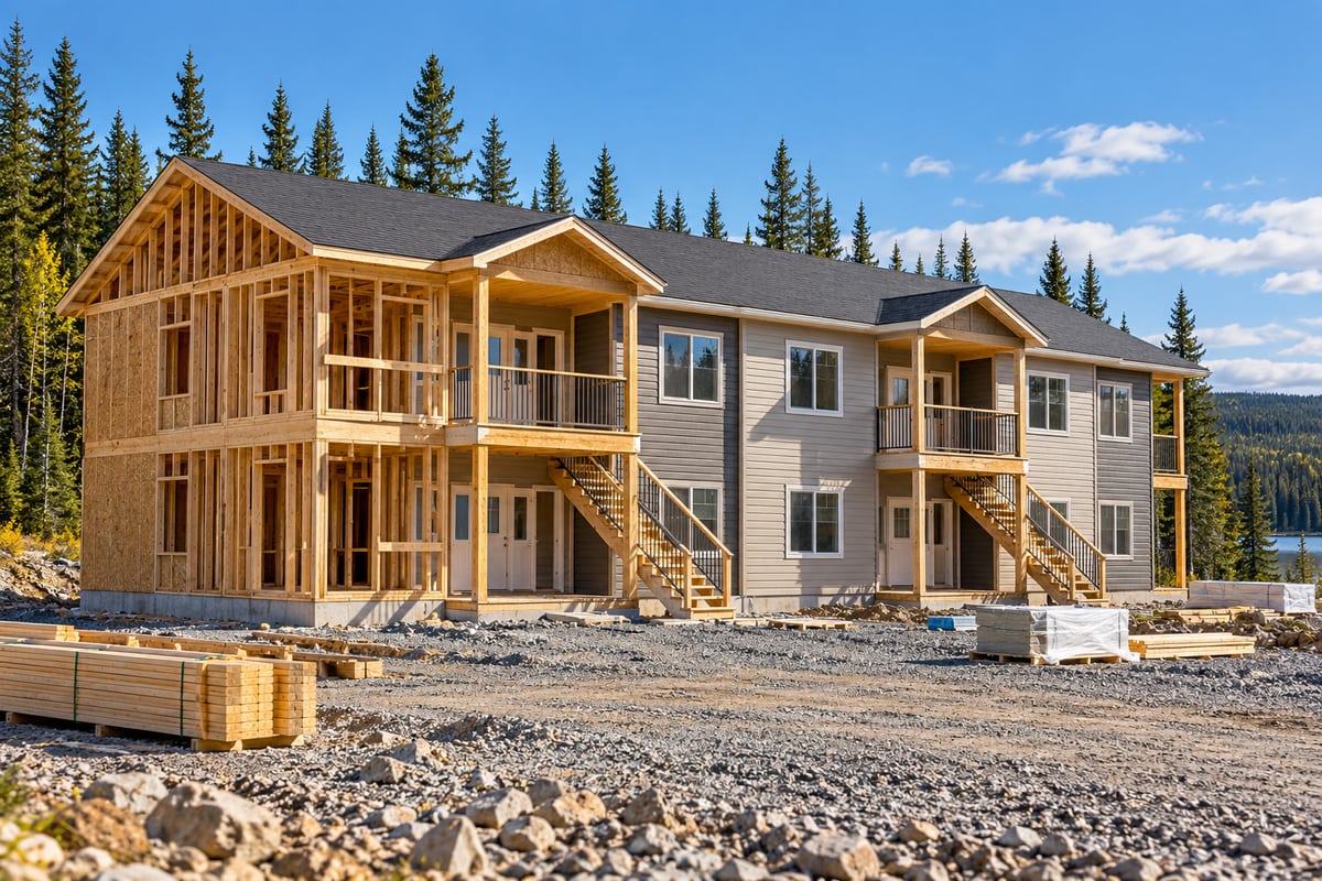 AI illustration: A two-storey timber housing structure under construction beside a forest.
