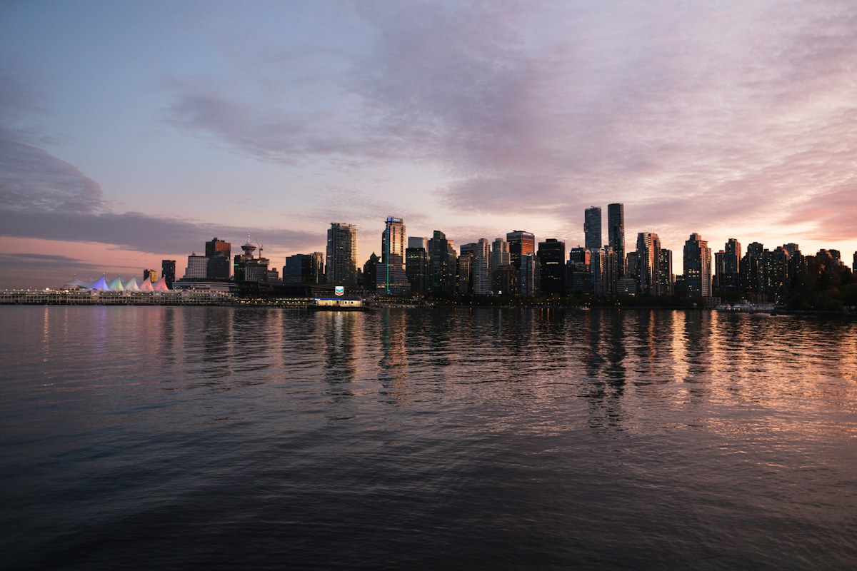Vancouver waterfront and downtown skyline at sunset